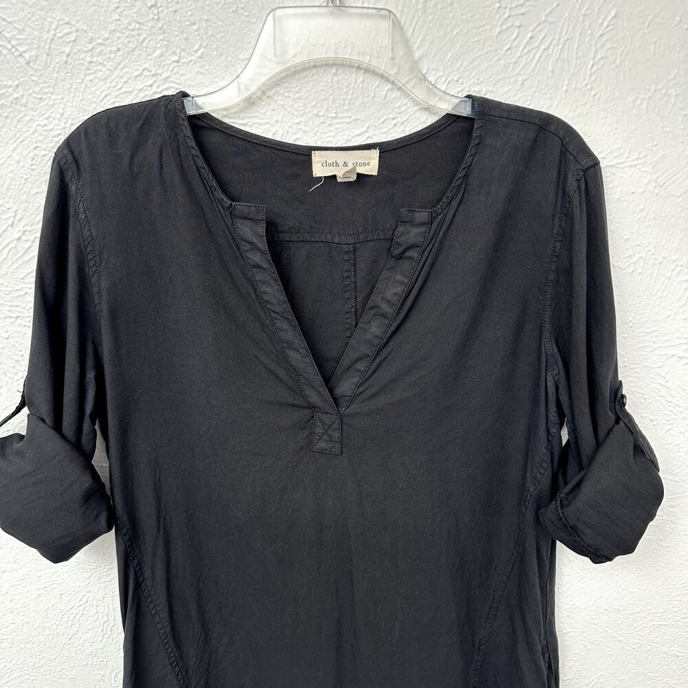 Cloth & Stone Black Tencel Shirt Dress Size Small Roll Tab Sleeves Pockets Mini - Picture 7 of 11
